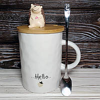 Кружка с крышкой и ложкой "Ежик", 375мл (Керамическая чашка для кофе и чая)