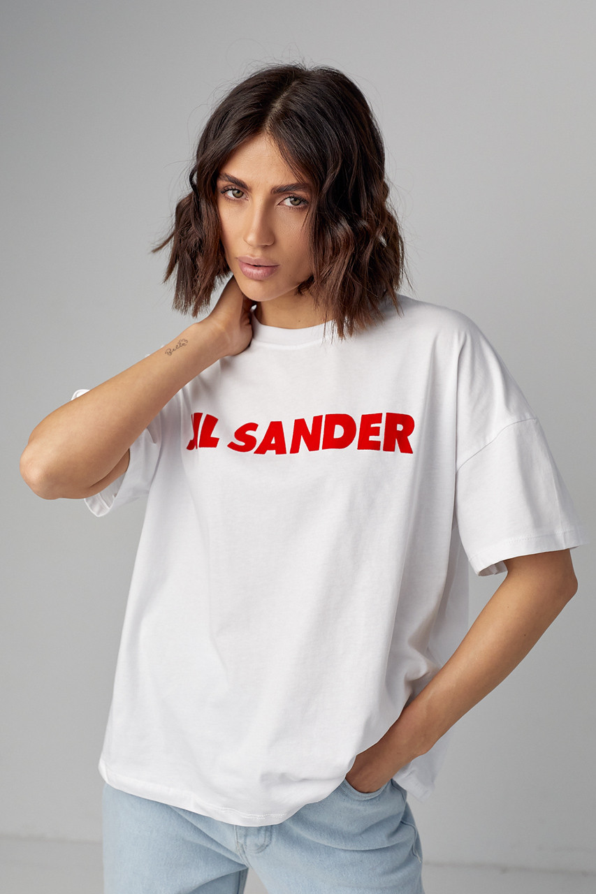 Трикотажна футболка з написом Jil Sander — білий із червоним кольором, L (є розміри)