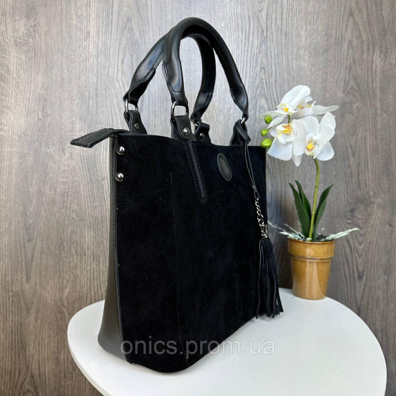 Большая женская замшевая сумка, сумочка натуральная замша черная хорошее качество - фото 1 - id-p2191802174