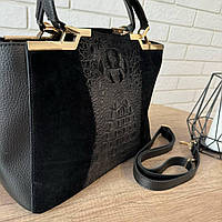 Женская замшевая сумка черная через плечо под рептилию, сумка из натуральной замши черная хорошее качество