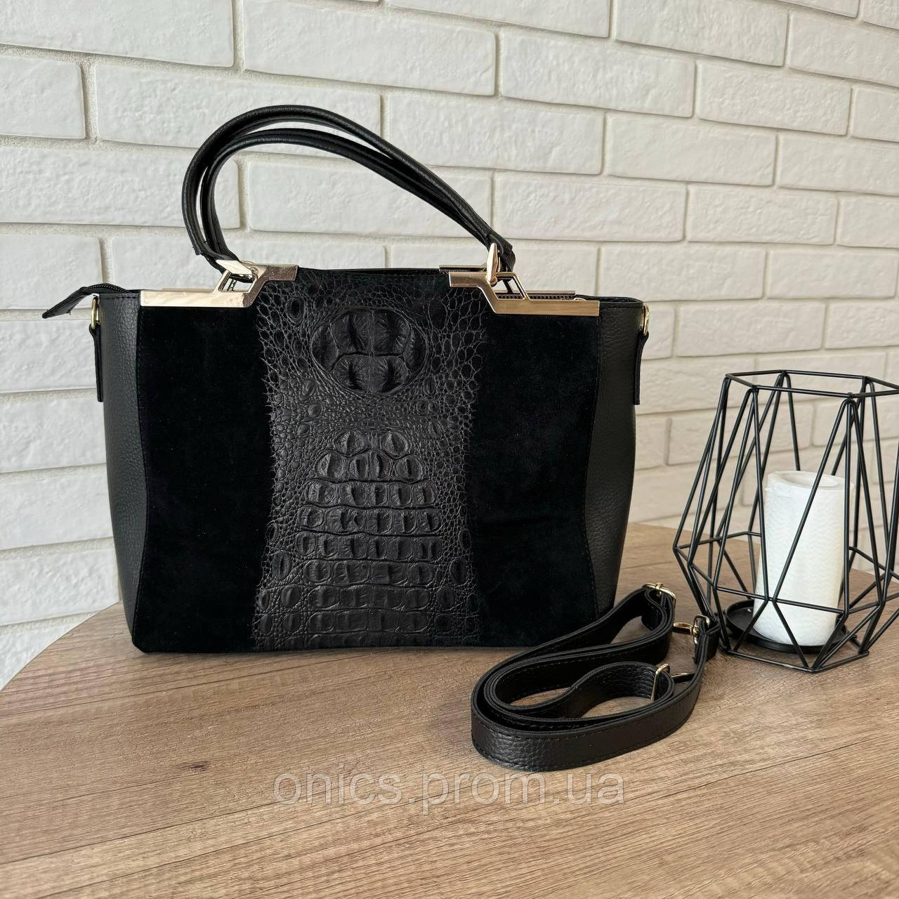 Женская замшевая сумка черная через плечо под рептилию, сумка из натуральной замши черная хорошее качество - фото 2 - id-p2191802220