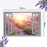 Интерьерная наклейка на стену "Поле лаванды, вид из окна" самоклека 150*98 см