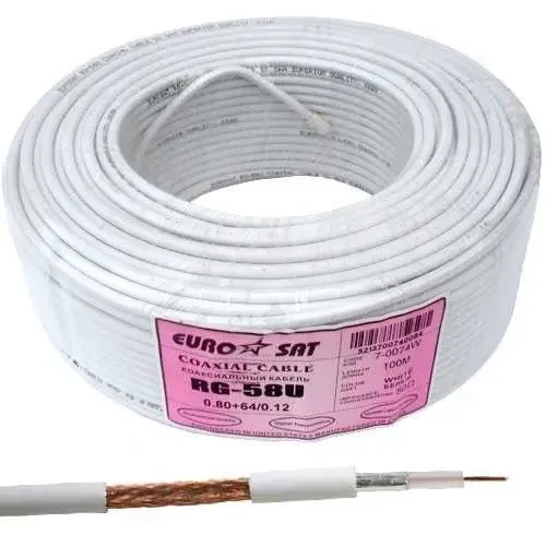 Кабель RG-58U (0.8СU+2.9PE+Al foil+64х0, 12CCA), діам-5 мм, білий, 100 м