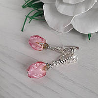 Сережки з трояндами з муранського скла рожевого кольору