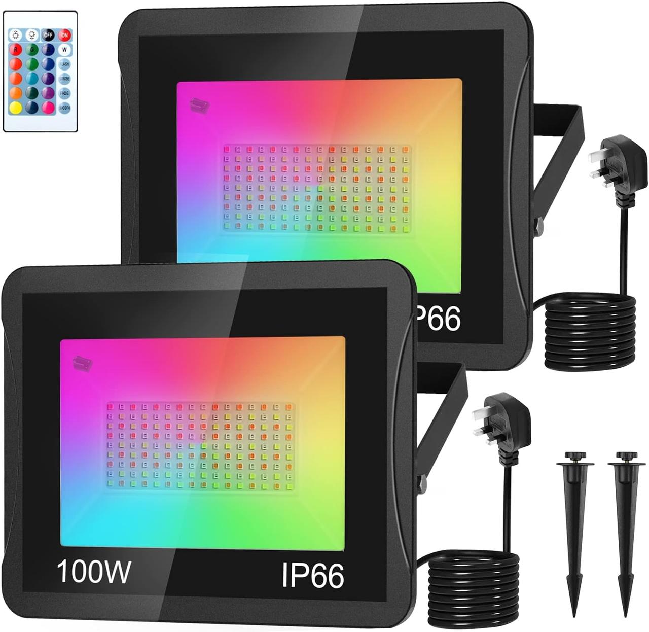 Прожектори NATPOW RGB, світлодіодний прожектор 100 Вт Зовнішній ліхтар безпеки, що змінює колір, з пультом дистанційного керування, фото 1