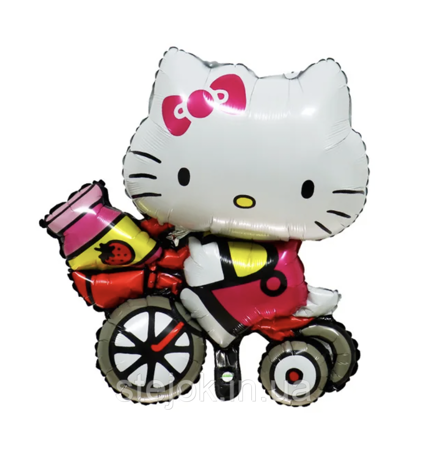 Фольгована куля фігура Хеллоу Кітті в рожевому платті на велосипеді, фото 1