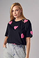 Женская футболка черная стильная футболка с принтом сердце модная футболка трикотажная футболка молодежная