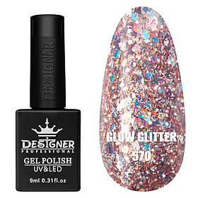 Гель-лак для манікюру Clow Glitter Дизайнер (з пластівцями хамелеон різного розміру), 9 мл Рожевий №570