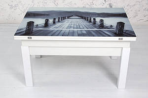 Білий розкладний дерев'яний журнальний обідній стіл трансформер у сучасному стилі з ДСП стільницею та склом у вітальню 90*60 Флай