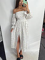 Сукня літня легка XS-S білого кольору на гумці зі спадаючими рукавами, довга сукня жіноча з розрізом на ніжці