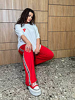 Женский спортивный костюм большого размера 48-62 белая футболка кулир и штаны палаццо с лампасами двунитка Красный, 52/54