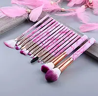 Набір мармурових пензликів для макіяжу 15 шт. (рожевий)