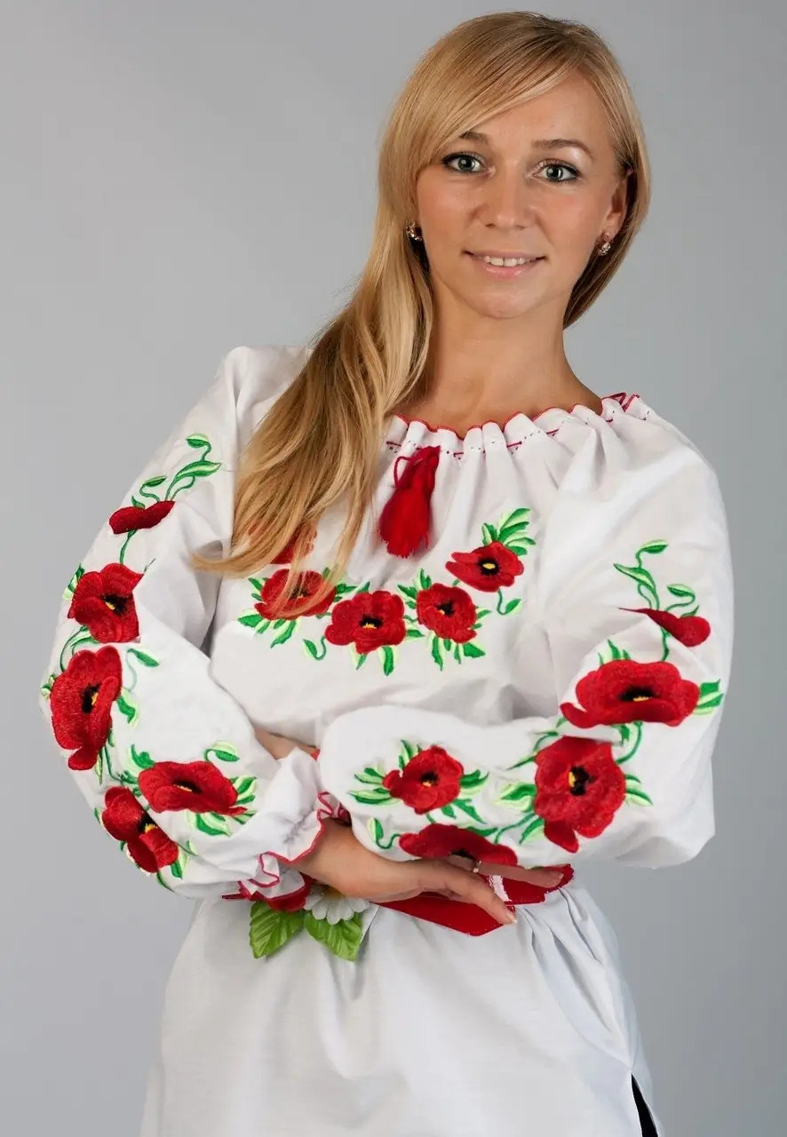 Вишиванка жіноча Мак Лора біла блузка з маками, довгий рукав, блузка