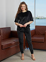 Велюровый женский летний спортивный костюм штаны и футболка черный