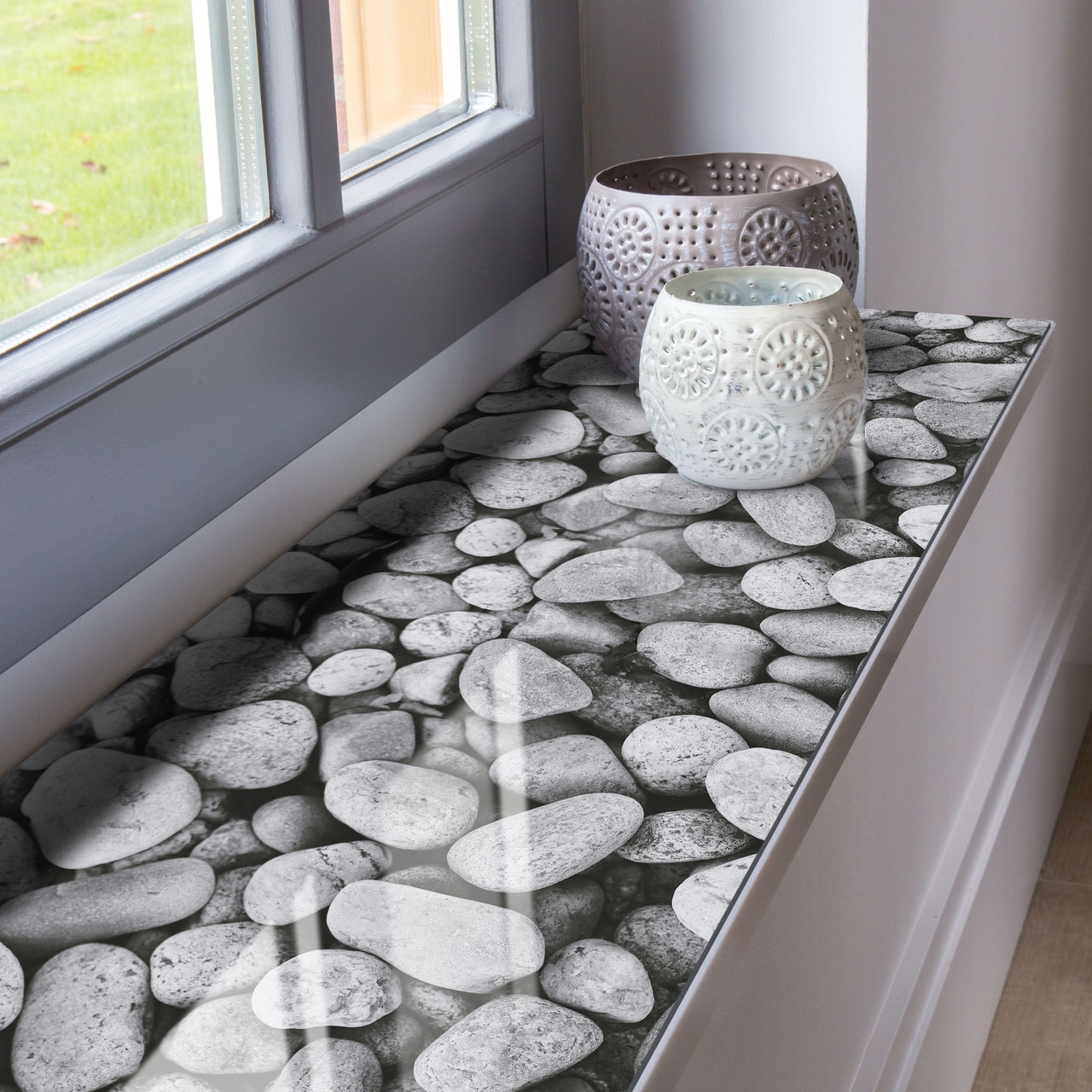 Покриття для підвіконня, м'яке скло з фотодруком на скотчі Галька 35 х 100 см