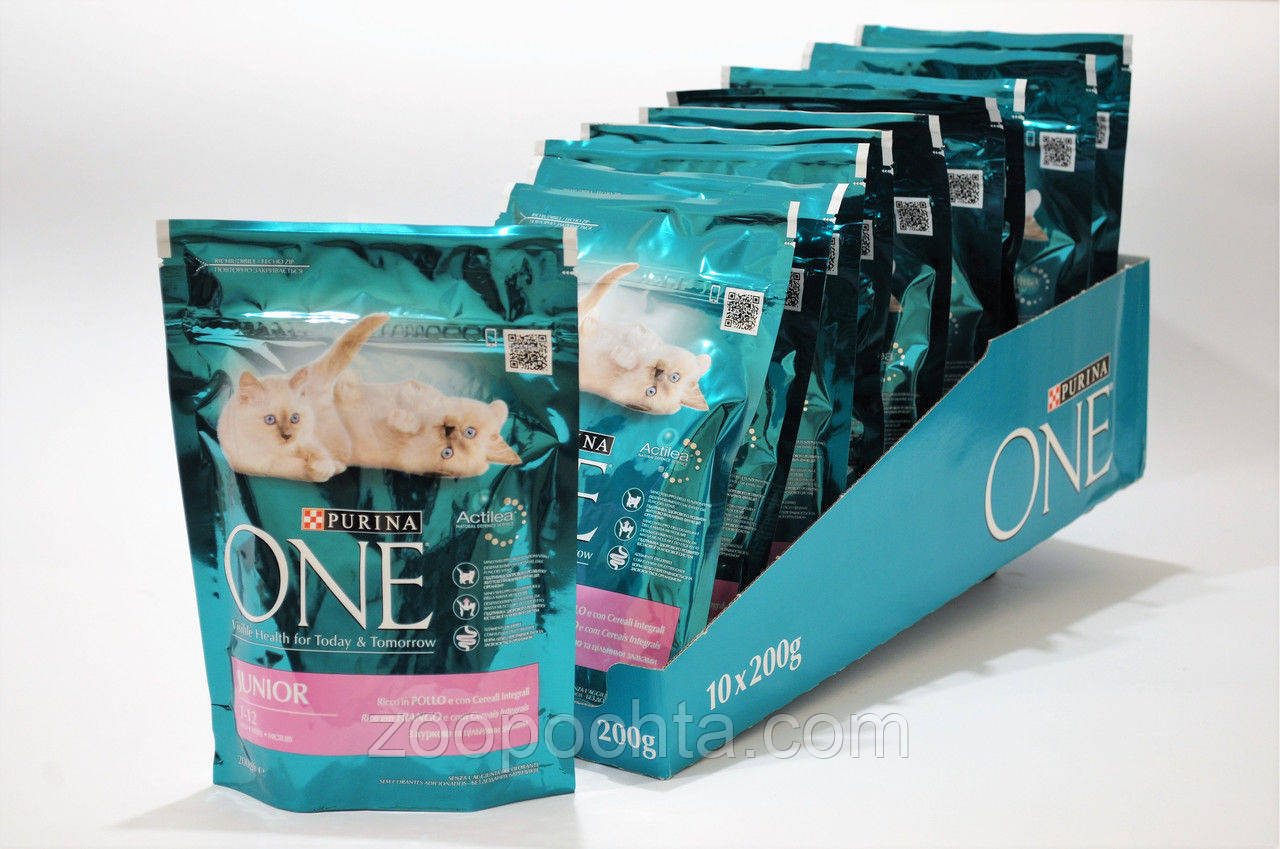 Purina ONE 200 г*10 шт = 2 кг — корм для кошенят у формі хрустких крокетів із куркою, фото 1