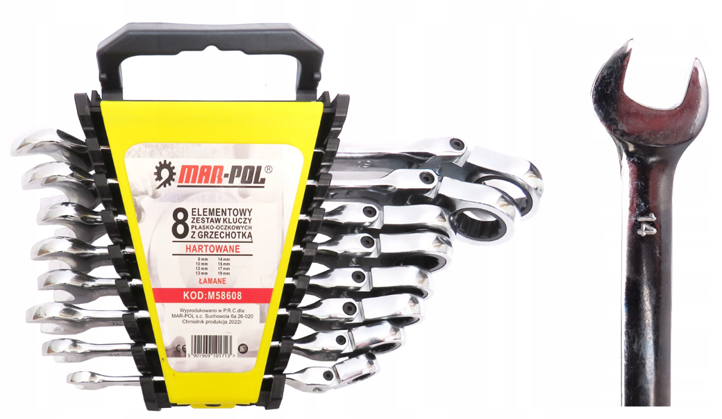 Набір ріжково-накидних ключів MAR-POL 8 шт з тріскачкою на кардані, 8-19мм, Cr-V сталь, фото 1