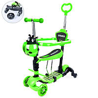 Самокат дитячий 5 в 1 триколісний JR 3-101-GR, колеса з підсвічуванням, бортики, батьківська ручка, зелений