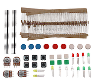 Набор радиодеталей, кнопки, резисторы, светодиоды, гребенка