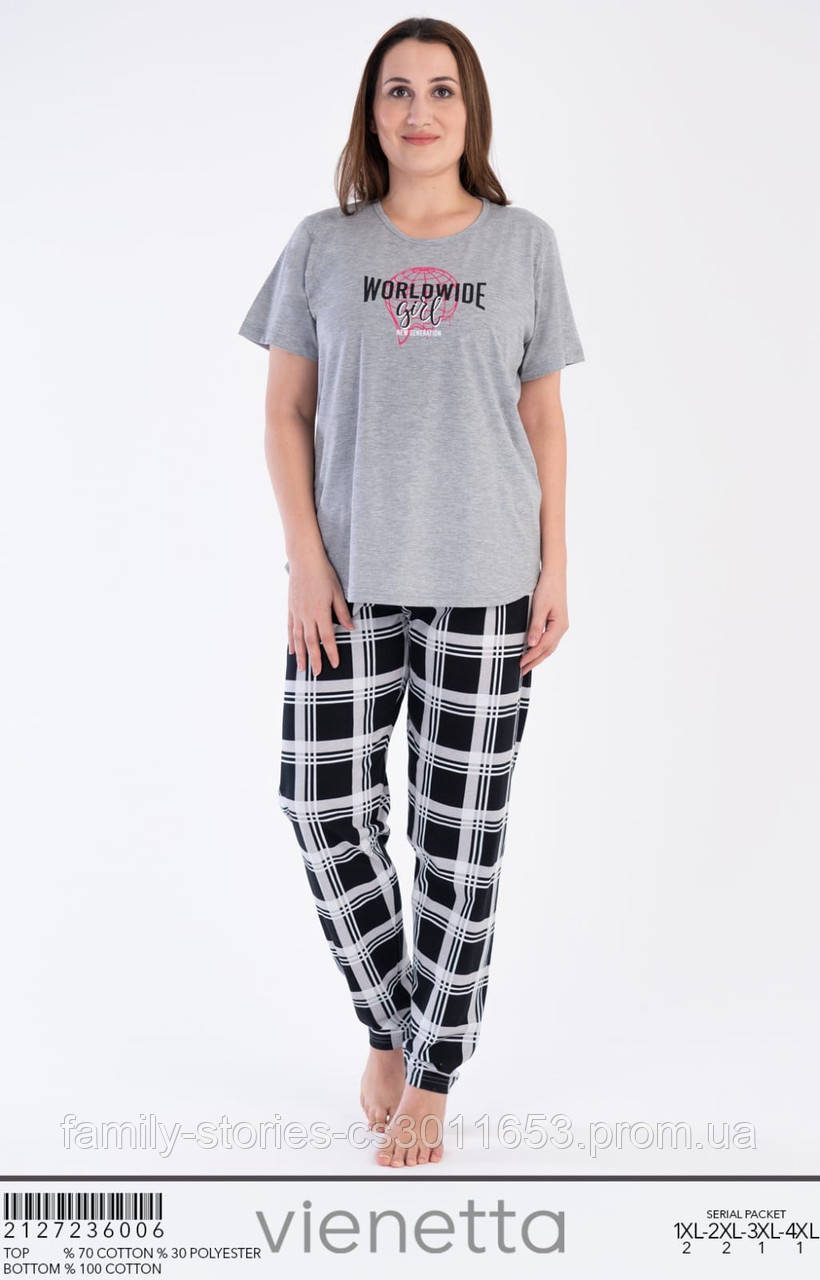 Піжама жіноча Комплект футболка з штанами для будинку і сну (батал) 54-62 бавовна Х/Б Vienetta (Туреччина)