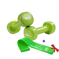 Гантели виниловые 2*3 кг. PowerPlay 4125 Achilles Зеленые (пара – 2шт.) + подарок Резинка для фитнеса