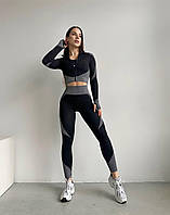 Бесшовный комплект Push up для фитнеса/йоги (Рашгард+топ+лосины),цвет черно-серый /костюм спортивный женский