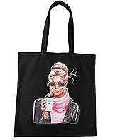 Черная сумка шопер с принтом "Девушка с кофе" летняя повседневная пляжная из небеленого хлопка канвас