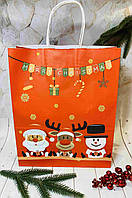Бумажный пакет красный "Санта, олень, снеговик",, 26 х 32см 9287