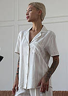 Сорочка жіноча в смужку з коротким рукавом (віскоза + льон) Leinle біла