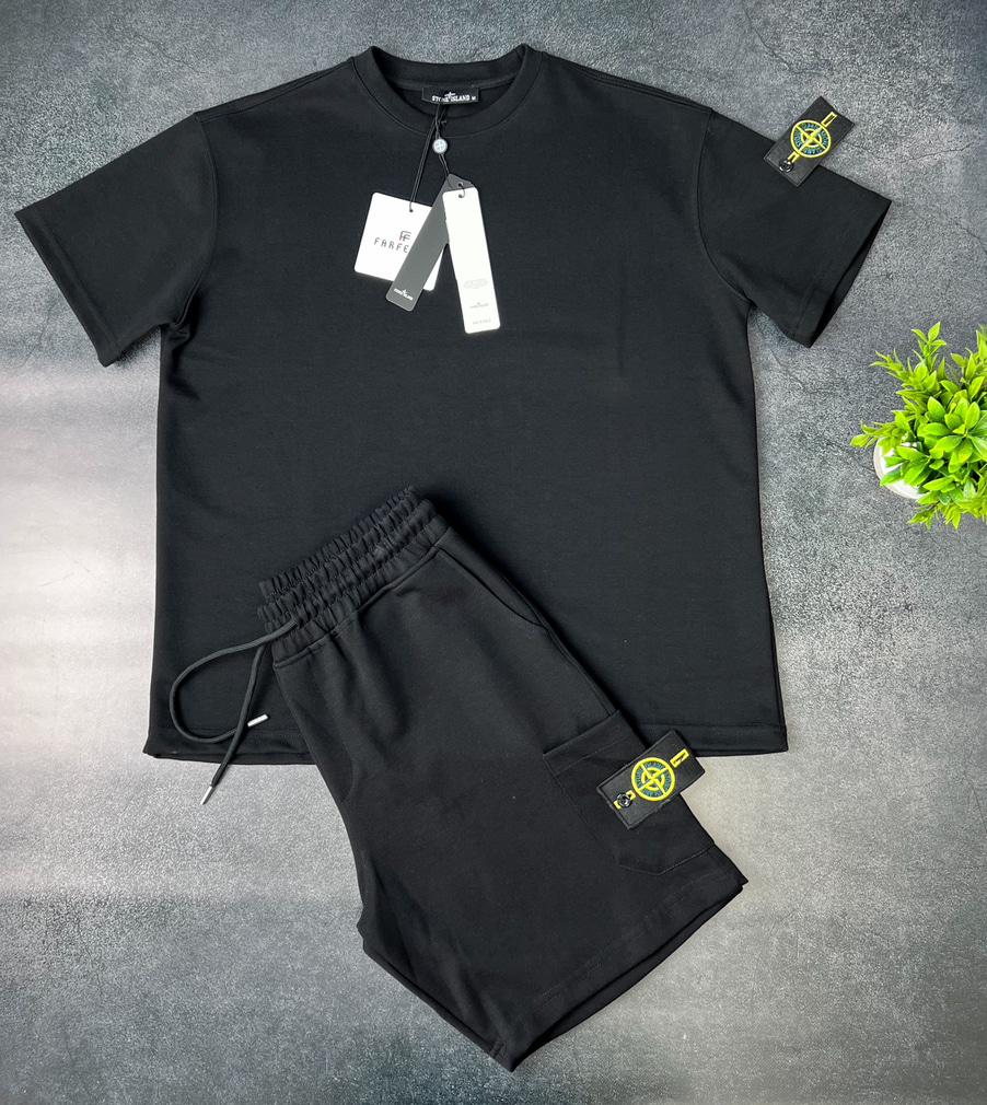 Літній спортивний костюм Stone Island чорний спорт костюм Стон Айленд шорти та футболка комплект