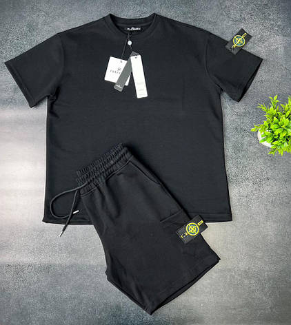 Літній спортивний костюм Stone Island чорний спорт костюм Стон Айленд шорти та футболка комплект, фото 1
