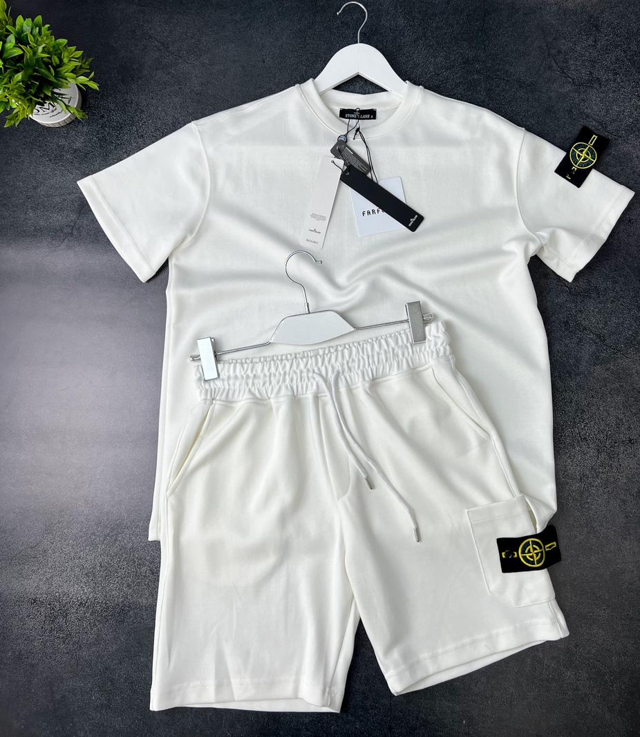Літній чоловічий спортивний костюм Stone Island білий спорт костюм Стон Айленд шорти та футболка комплект