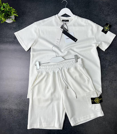 Літній чоловічий спортивний костюм Stone Island білий спорт костюм Стон Айленд шорти та футболка комплект, фото 1