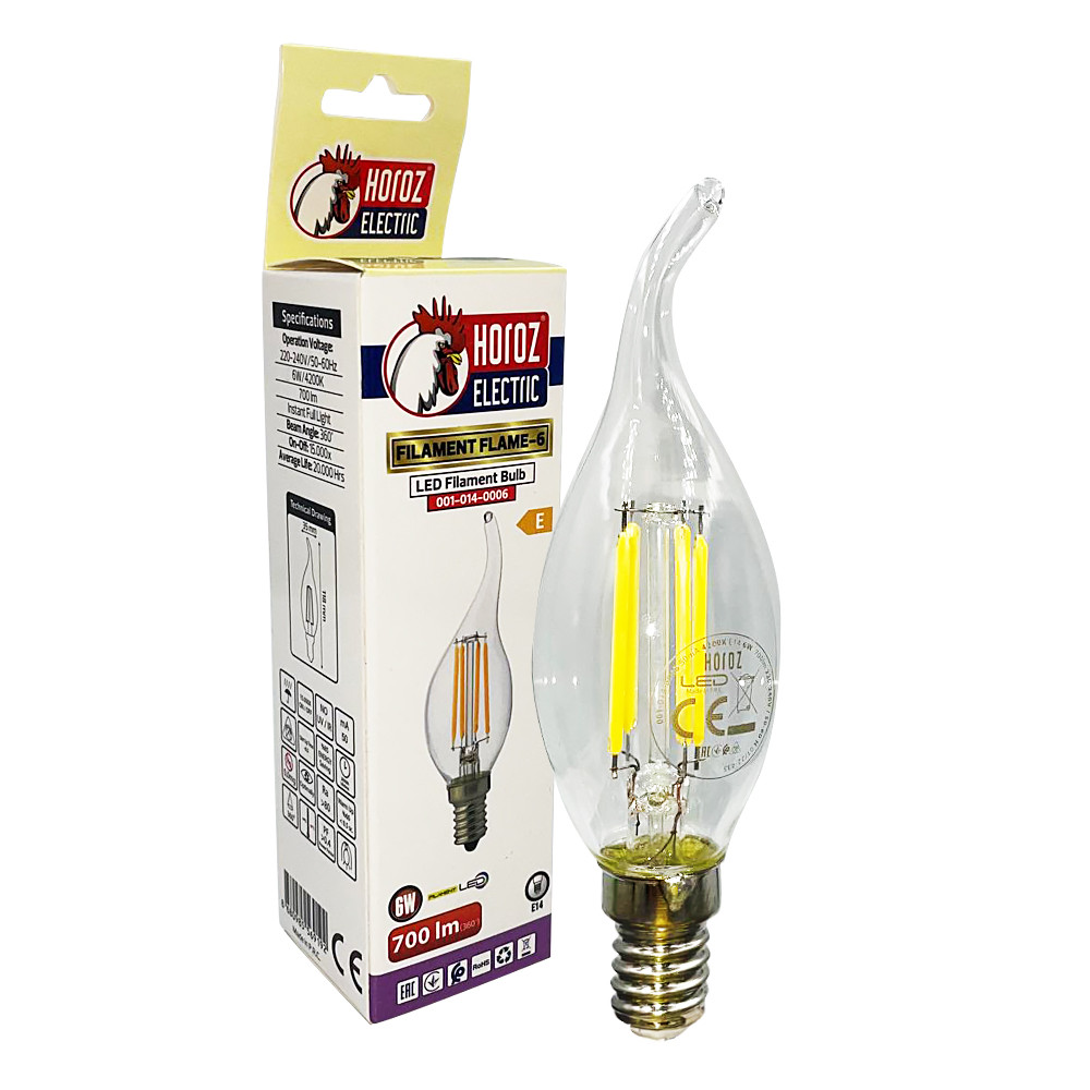 Світлодіодна лампа Horoz Filament свічка на вітрі FLAME-6 6W E14 4200K 001-014-0006-030
