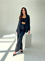 Женский костюм короткий кроп жакет пиджак + брюки штаны оверсайз тренд деловой стильный черный морская волна
