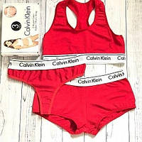 Cтринги + топ + шорты Набор женский Calvin Klein тройка 3 в 1 Красный / женские стринги / томми хилфигер