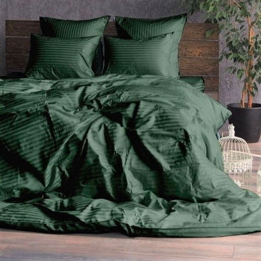 Комплект постельного белья Вилена Страйп сатин Темно зеленый полуторный размер