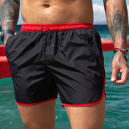 Шорти чоловічі пляжні чорні з червоним легкі вільні стильні якісні для активного відпочинку на воді