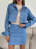 Женский костюм из текстильного джинса: юбка и укороченная рубашка голубой джинс