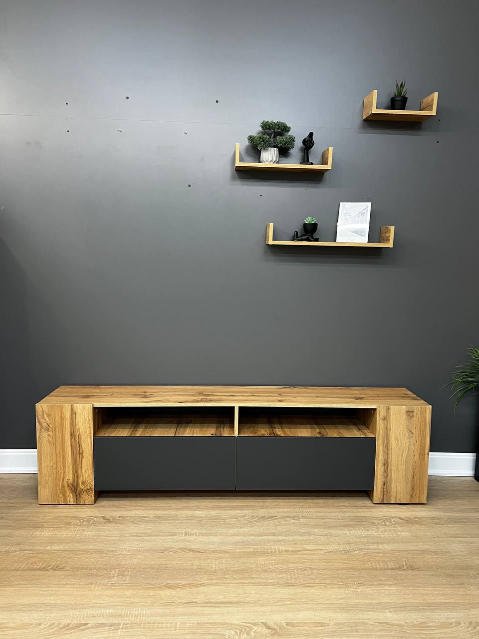 Тумба під ТВ довжиною 180 см з ящиками та полицями Дуб аппалачі з антрацит, фото 1