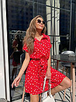 Красивое нежное женское легкое приталенное мини платье в горошек турецкий софт с коротким рукавом с поясом OS Красный, 46/48