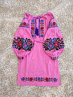 Детское вышитое платье из льна для девочек розового цвета с яркой вышивкой крестиком размеры 116-152