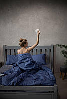Сатиновое постельное белье полуторное сине-серого цвета, постельное из страйп-сатина 100% хлопок комплект