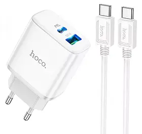 Зарядний пристрій Hoco C105A Stage 20W PD+QC3.0 USB-C+A + USB-C-C Cable White