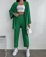 Жіночий стильний костюм-двійка кофта + штани тканина: креп жатка Мод. 1336 зелений