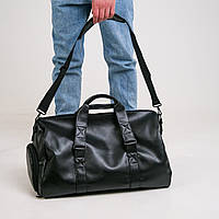 Мужская сумка через плечо спортивная дорожная 2 отделения из экокожи, черный цвет