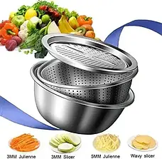 Багатофункціональний кухонний набір із неіржавкої сталі 3 в 1 Metal Basket Cutter Миска друшляк і тертка, фото 4