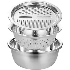 Багатофункціональний кухонний набір із неіржавкої сталі 3 в 1 Metal Basket Cutter Миска друшляк і тертка, фото 6