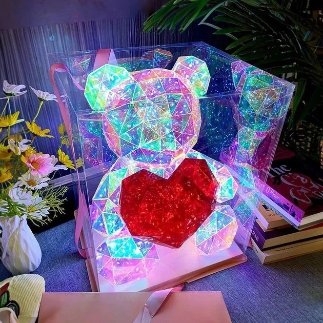 Хрустальний Ведмежатко Геометричний Ведмедик 3D LED Teddy Bear нічник з червоним серцем 30 см