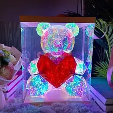 Хрустальний Ведмежатко Геометричний Ведмедик 3D LED Teddy Bear нічник з червоним серцем 30 см, фото 6